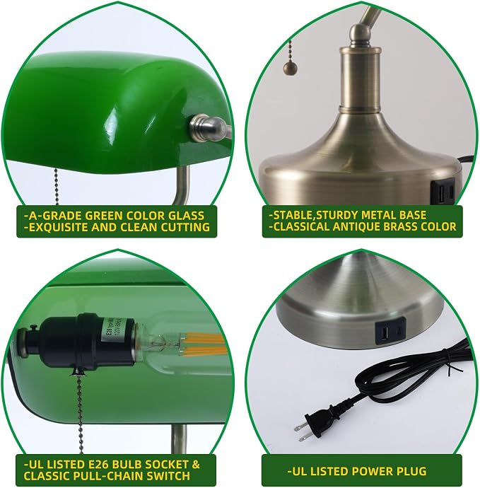 Banker Desk Lamp Green Glass, Antique Desk Lamps with Brass Base, Traditional Library Table Lamp with USB A and Type C Charging Port for Office, Study Room, Pull Chain Switch
