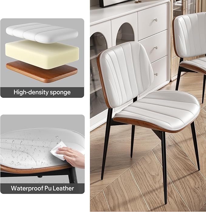Dining Chairs Set of 6, Mid Century Modern Dining Room Chair, Upholstered Faux Leather Kitchen Chairs with Walnut Bentwood Back and Metal Legs for Kitchen Dining Room Living Room, White
