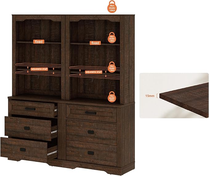 WAMPAT 2 Column 73.3" Tall Bookcase with Chest of Drawers, 63 inch Wide Standing Rustic Bookshelves, Modern Farmhouse Display Storage Cabinet with Adjustable Shelves,Dark Wood Brown