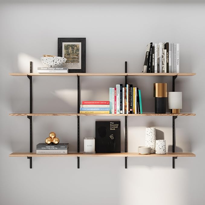 Wallniture Turin 60 Inch Long Adjustable Wall Shelf, Hanging Shelves for Wall, 8" Deep Black Floating Shelves, Living Room Shelf Decor, Office Wall Shelves, Kitchen Storage Shelves, Tier Shelf