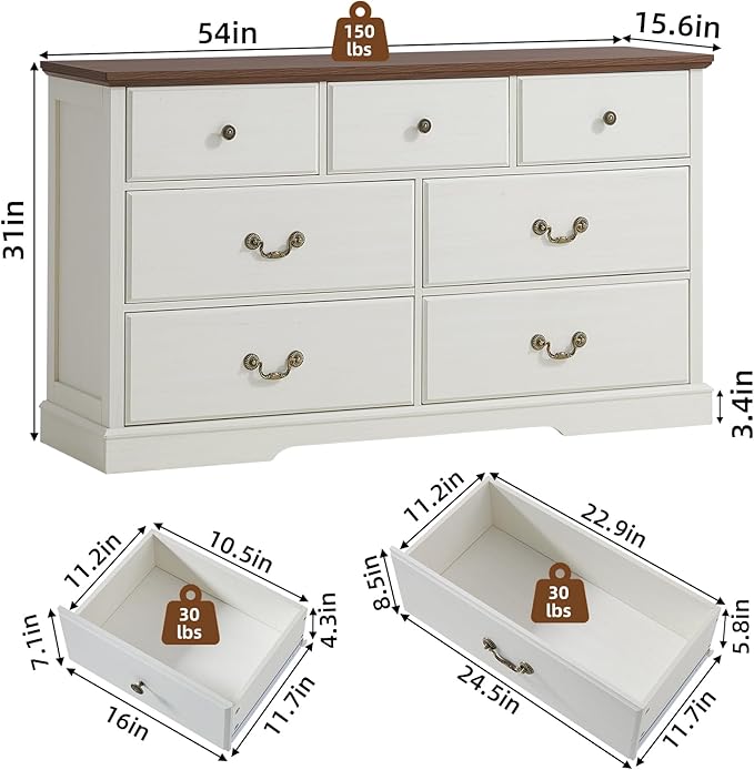 Farmhouse 7 Drawer Dresser for Bedroom,54" Wide Wood Rustic Chest of Drawers,Farmhouse Chest of Drawers for Bedroom,Wood Drawer Organizer for Living Room, Hallway,Bedroom,White