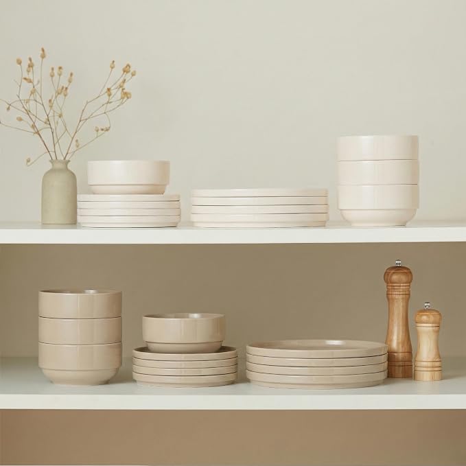 Vase and Vessel Ceramic Dinnerware Set, 12-Piece Service for 4, Soup Bowls (25 oz), Salad Plates (7.5"), Dinner Plates (10"), Round, Microwave and Dishwasher Safe, Ivory, Cambridge Classics