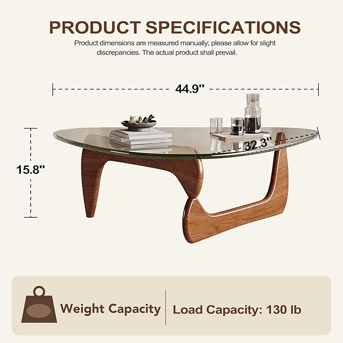 Glass Coffee Table, 44.9″D×32.3″W×15.8″H Triangle Center Tables with Tempered Glass Top & Eco-Friendly Wood Base, Mid Century Modern Coffee Table for Living Room, Apartment
