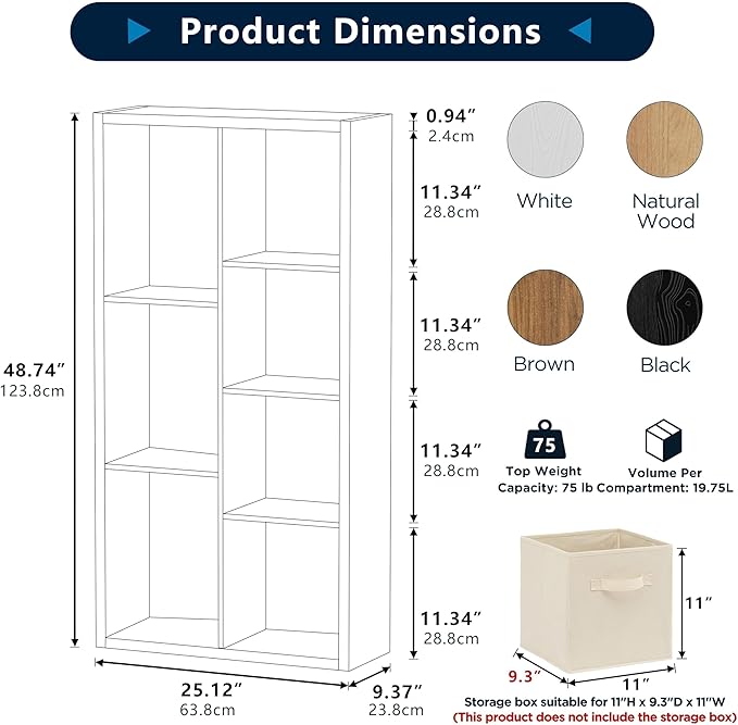 7 Cube Storage Organizer, Cube Shelf with Heavy-Duty Thick Boards, 25.12" L x 9.37" W x 48.74" H, Smooth Easy-Clean Panels, Simple Assembly, for Living Room Bedroom Office, Black