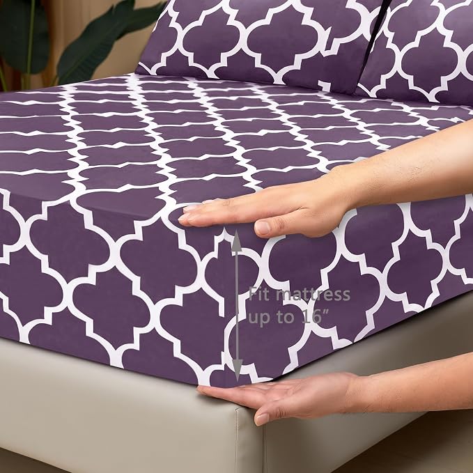 Mejoroom Full Bed Sheet Set - Super Soft Brushed Microfiber 1800 Thread Count Sheets with 16 inch Deep Pocket - Wrinkle Free - 4 Piece(Full, Purple Quatrefoil with White Pattern)
