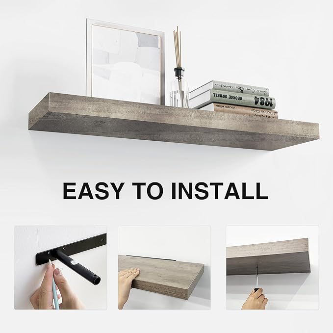 Colima Floating Shelves for Grey Wood Shelf for Bedroom, 36 Inch Wall Mounted Floating Shelves for Bathroom Living Room Kitchen Office, 1.5" Thick Floating Book Shelves for Wall, Set of 3