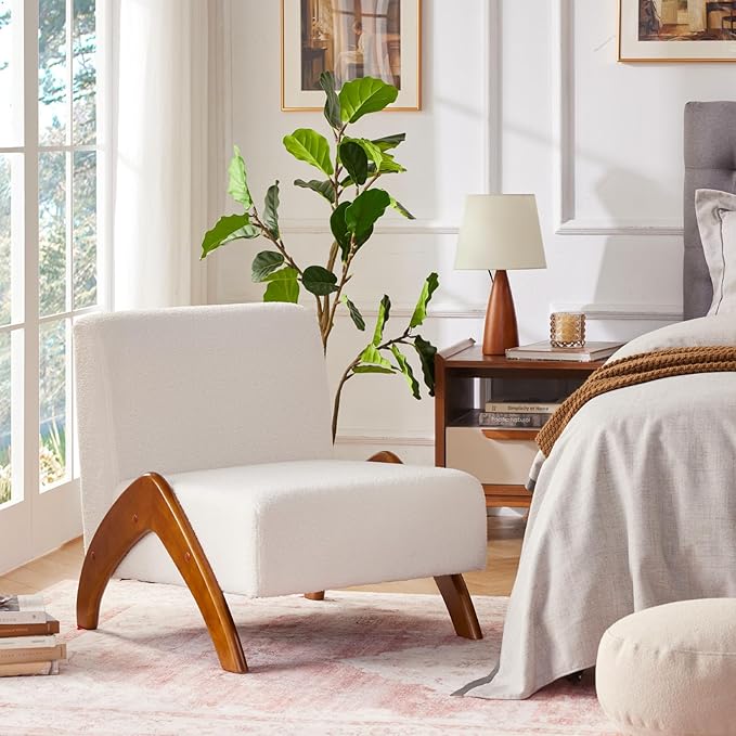 Oversized Accent Chair, upholstered armless mid Century Modern Living Room Chair with Wooden Legs for Bedroom/Office/Cafe, Sherpa Cream