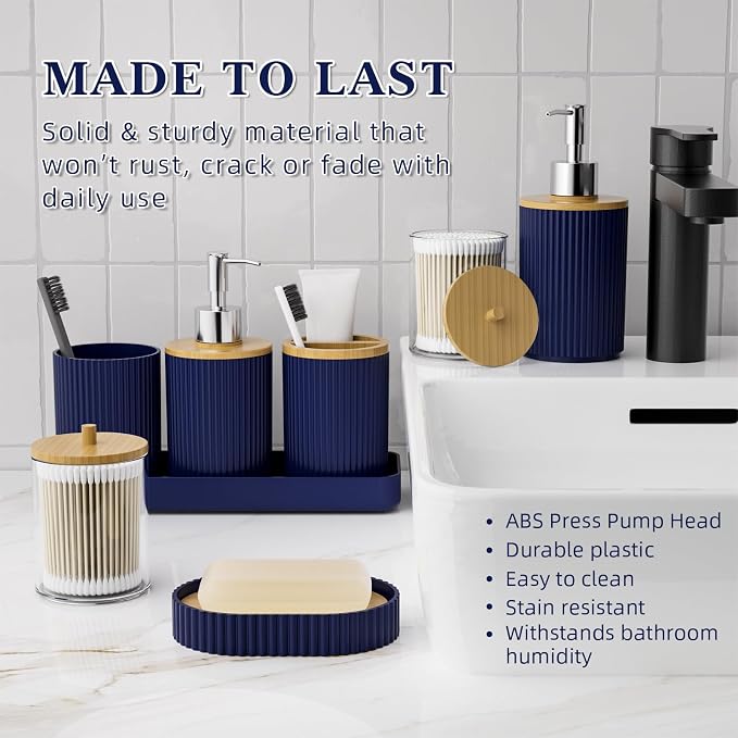 Navy Blue Bathroom Accessories Set 25 PCS, Bathroom Decor Set with Shower Curtain and Rugs, Trash Can, 2 Soap Dispensers, Toothbrush Holder, Tumbler, Soap Dish and Tray