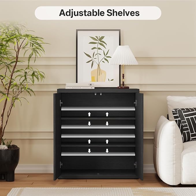 31” Sideboard Cabinet with Storage, Fluted Accent Cabinet with Adjustable Shelves, Modern Wood Credenza Cabinets with Pop-up Doors for Entryway Kitchen Living Room Hallway, Black 4pcs