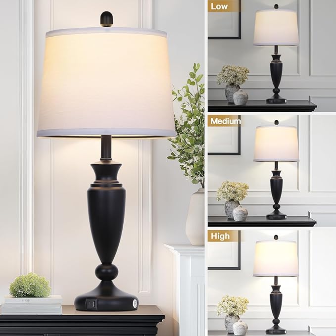 27'' Black Table Lamp Single, 3 Way Touch Control Living Room Lamp with USB A+C Ports, Modern Bedside Lamp, Elegant Metal Nightstand Lamps for Bedroom Office End Table Decoration