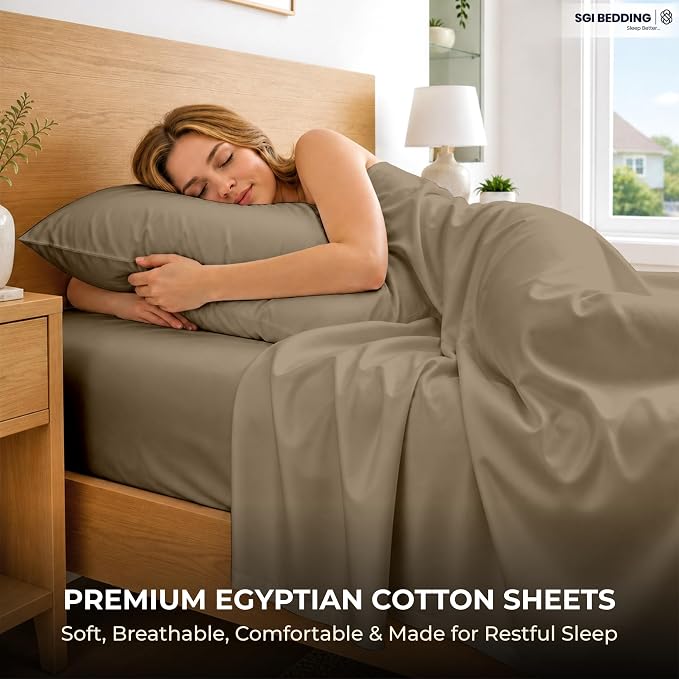 SGI bedding 100% Egyptian Cotton Sheets Twin Size – 600 Thread Count Sheets Set, Soft, Cooling, 15" Deep Pocket, Luxury Hotel Bedding, Breathable, Durable - Taupe