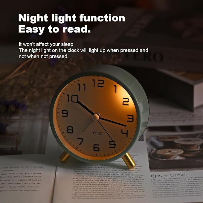 Tetino Analog Alarm Clocks,Retro Metal Desk Silent Non Ticking Small Clock with Night Light,Battery Operated,Simple Design,for Bedrooms, Bedside,Office,Home Décor (White)