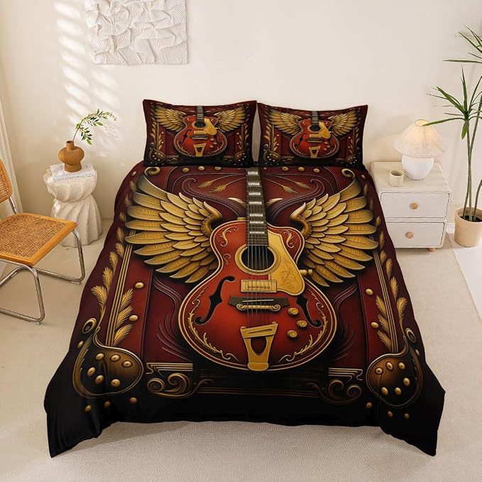 Erosebridal Guitar Comforter Cover Queen Luxury Angel Wings Guitar Bedding Set Vintage Baroque Style Room Decor Duvet Cover,Youth Rock Roll Music Bed Set