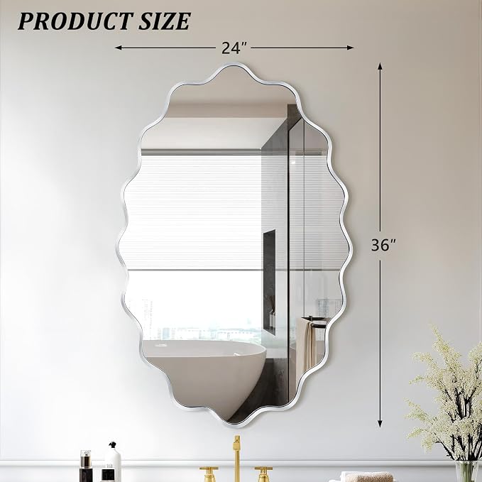 Oval Wavy Wall Mirror -Irregular Wall Mirror with Silver Asymmetrical Aluminum Alloy Frame,22"x30" Decorative Wall Mirrors for Bathroom, Bedroom, Living Room, Dining Room，Entryway