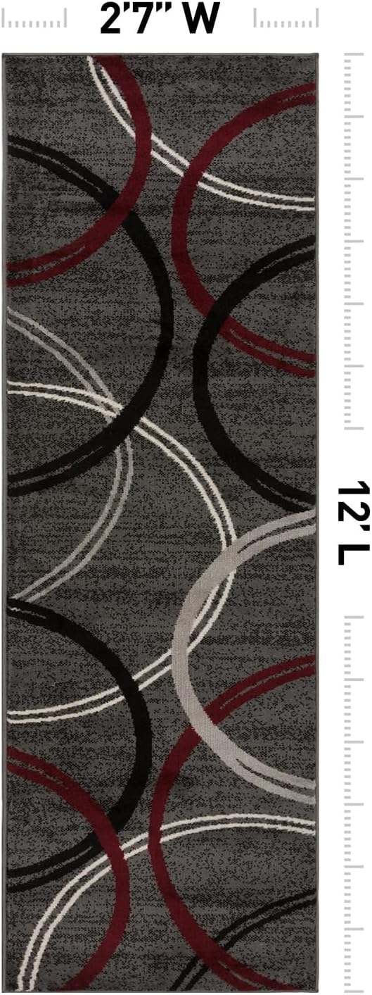 Rugshop Modern Wavy Circles Design Non-Shedding Runner Rug, Carpet for Hallway, Entryway, or Kitchen, Red, 2'7" x 12'