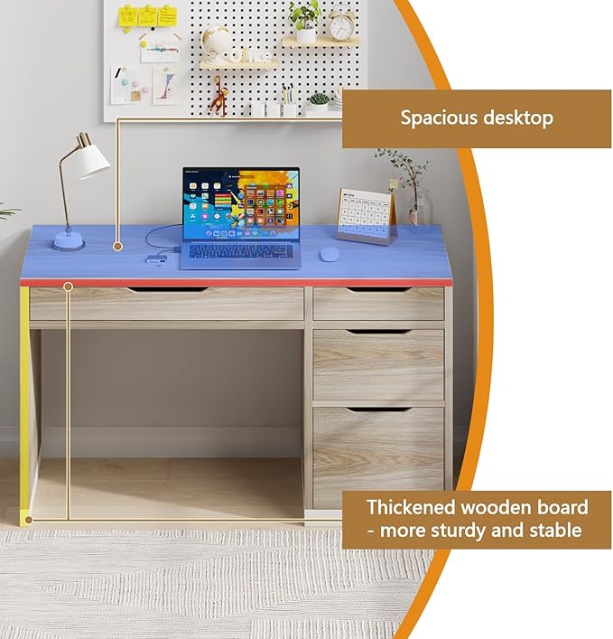 MaverickFurni Small Desk with Drawers, 52 Inch Home Office Desk with Storage for Bedroom, Computer Desk with Filing Drawer for Small Space, Light Walnut