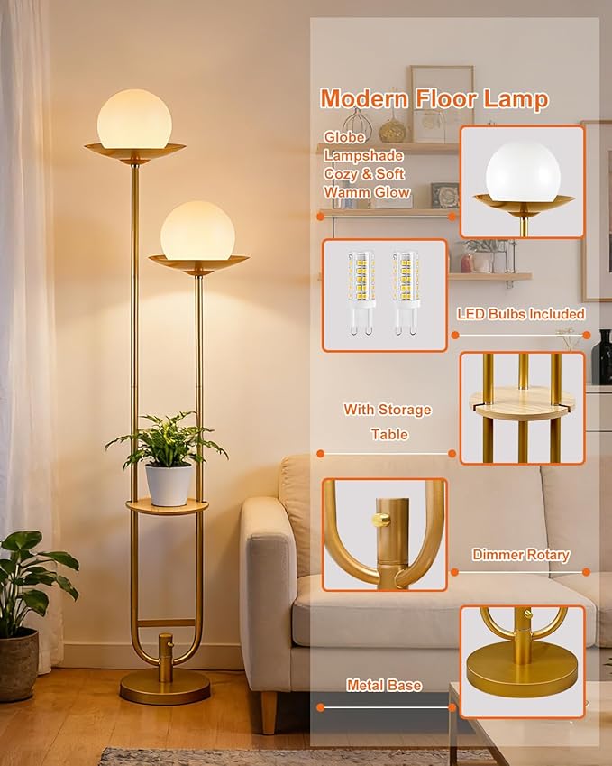 Lightdot 63IN Gold Floor Lamp 2 Globe Mid Century Standing Lamps Dimmable with 3000K Warm White LED Bulbs Unique Vintage Tall Floor Lamp with 5Lbs Heavy Base for Living Room/Wedding/Party