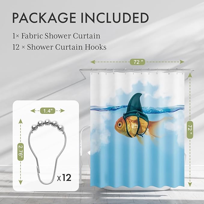 AmazerBath Shower Curtain Blue, Washable Cloth Funny Fish in Shark's Clothing Kids Shower Curtain Sets with 12 Shower Curtain Hooks, Cute Waterproof Shower Curtains for Bathroom Decor, 72x72 Inches