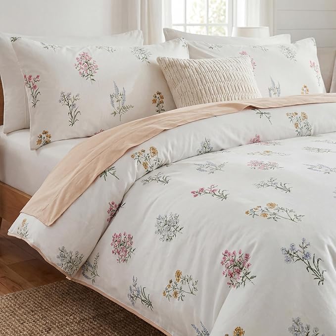 100% Washed Cotton Duvet Cover Queen Size - Linen Like Reversible Durable Soft Floral Duvet Cover Sets, 3 Pieces White Comforter Cover with Zipper Closure