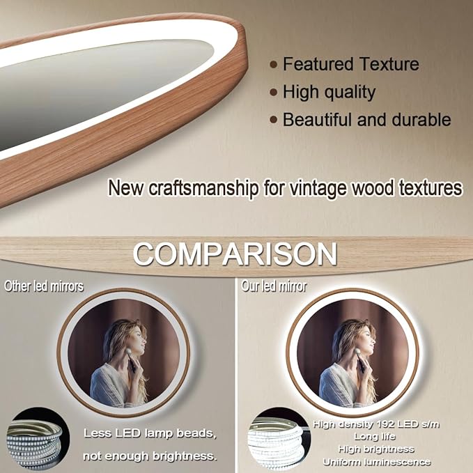 36 Inch Wood Frame LED Round Mirror with Lights 3 Color Dimmable Smart Memory Function AntiFog 36" Wood Framed Circle Round Lighted Vanity Mirror with Lights for Bathroom Wall Mounted