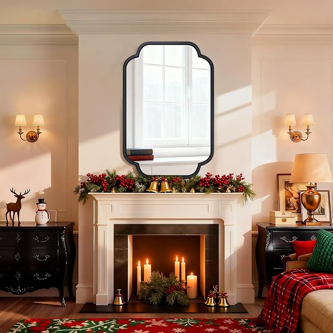 Vintage Black Wall Mirror - 24"x36" Large Black Bathroom Vanity Mirror with Rounded Corner Rope-Like Rectangle Metal Frame, Wall Decorative Mirrors for Living Room, Bedroom, Fireplace
