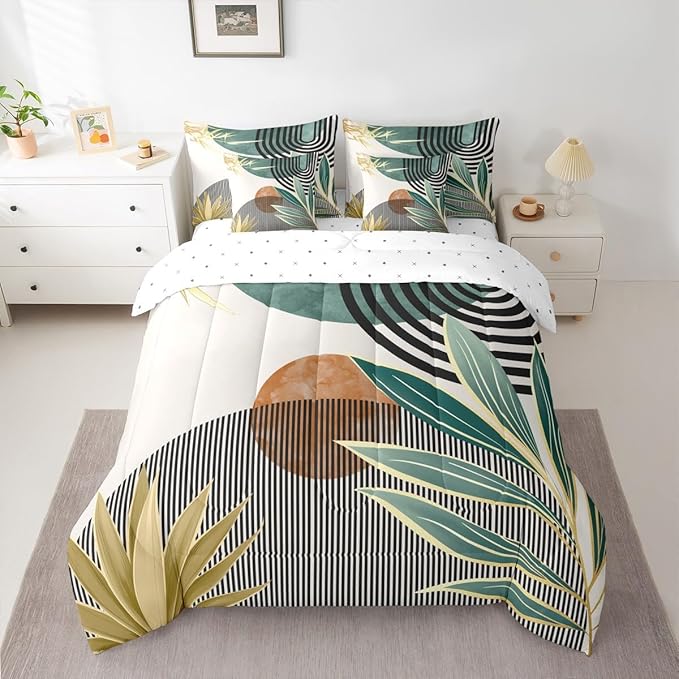 Erosebridal 7 Piece Boho Mid Century Bedding Sets King Modern Abstract Geometric Comforter Set for Women Men,Retro Minimalist Aesthetic Bed in a Bag Line Art Sheet Set with Comforter,Green