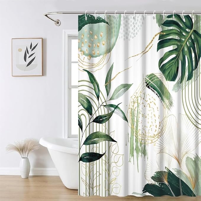 Modern Boho Shower Curtain Green Gold Tropical Palm Leaf Abstract Geometric Minimalist Aesthetic Bathroom Decor Watercolor Plant Bath Curtain Washable Waterproof Polyester Fabric with Hooks 70x72 Inch