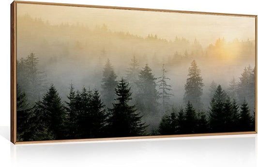 FWIEXA Misty Forest Wall Art Set Framed, Large Mountains Canvas Wall Decor, Green Nature Wall Painting, Foggy Tree Landscape Artwork 20x40 Inches for Living Room, Bedroom, Office, Gift
