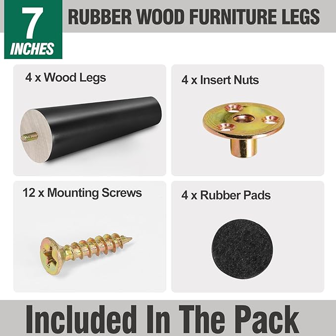 FoDau770 Black Rubber Wood Furniture Legs 7 Inches, Straight Tapered Wood Feet Mid Century Sofa Legs Set of 4, 5/16" UNC Furniture Feet Replacement Parts for Cabinet Couch Dresser Chair Ottoman Table