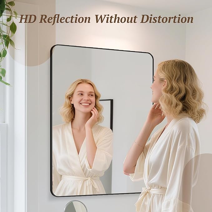 Bathroom Mirrors for Over Sink 22" x 30", Black Metal Frame Rounded Corner Rectangle Wall Mirror, Modern Farmhouse Vanity Mirror(Horizontal/Vertical)