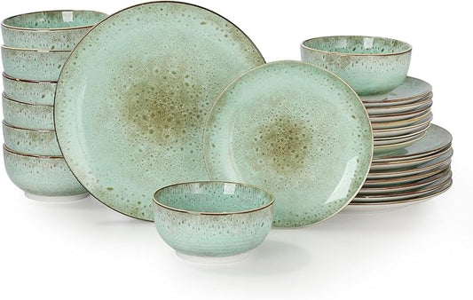 Sweejar 24 Piece Dinnerware Sets for 8, Porcelain Plates and Bowls Set for Kitchen, Housewaring Gift, Chip and Scratch Resistant, Easy Cleaning Dishes Set, Stack Compactly Dishware, Green