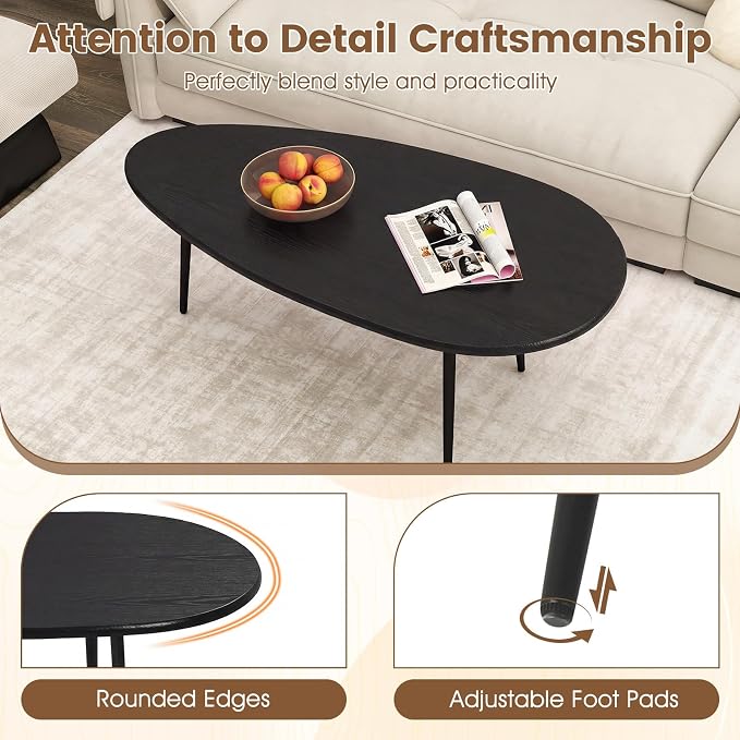 Giantex Oval Coffee Table, Mid Century Modern Center Table with Sturdy Metal Frame and Compact Design, Vintage Accent Cocktail Tea Table, Wood Living Room Tables for Small Spaces (Black)