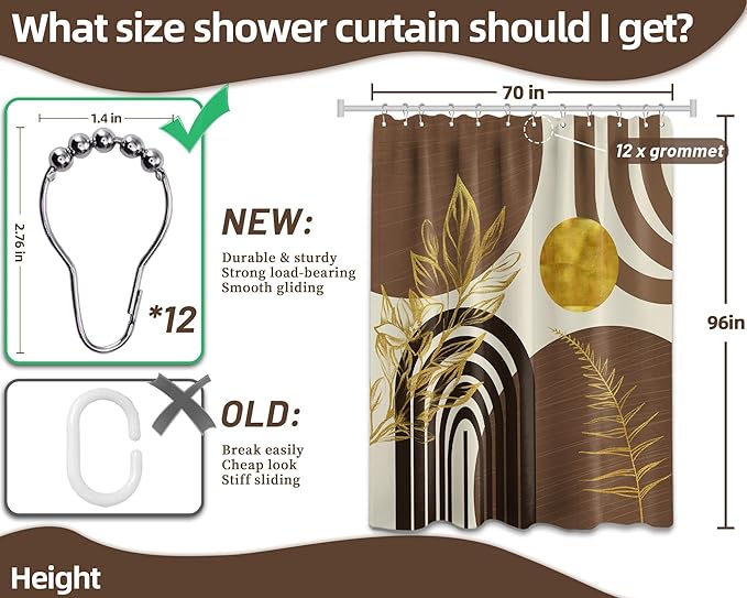 Mid Century Modern Black and Brown Shower Curtain Boho Beige and Dark Tan Gold Shower Curtains for Mens Bathroom Decor Sets, Waterproof Cloth Fabric with Hooks, 70x96in