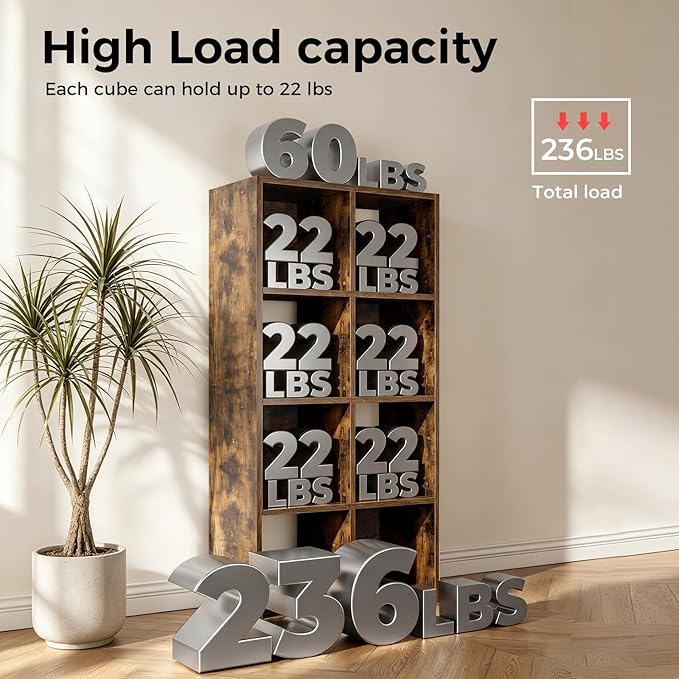 LUCKLIFE 8-Cube Storage Organizer, Stackable Modular Bookcase Shelf with Vertical or Horizontal Use, Fits 11×11" Bins, Optional Back Panels, for Living Room, Office, Vintage Brown