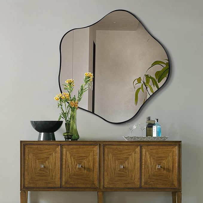 Large Scalloped Mirror, 35" Irregular Shaped Mirror, Asymmetrical Wall Mirrors Decorative, Modern Wavy Round Mirrors for Living Room Bathroom Bedroom Hallway Entryway Fireplace
