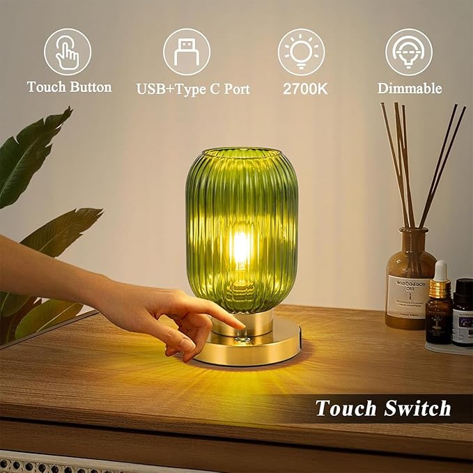Glass Table Lamp for Living Room, Vintage Bedside Lamp for Bedroom, 3-Way Dimmable Touch Control Nightstand Lamp with USB C+A, Mid Century Modern Green Table Lamp (2700K LED Bulb Included)