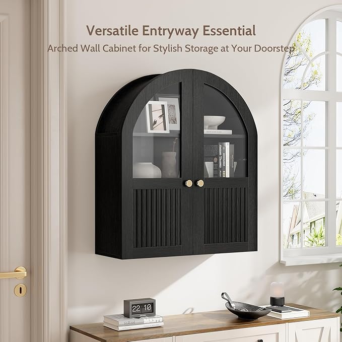Arched Bathroom Wall Cabinet, 24 x 28 Inch Over The Toilet Storage Cabinet with Glass Door, Fluted, Adjustable Shelf, Wall Mounted Floating Wooden Medicine Cabinets for Bathroom Laundry Room, Black