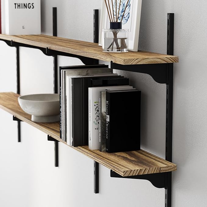 Wallniture Turin 60 Inch Floating Shelf, Adjustable Wall Shelves, Wood Shelving, Wooden Floating Shelves, Wall Mounted Bookshelf, Storage for Living Room, Kitchen, Office, 2 Tier, Burnt Finish