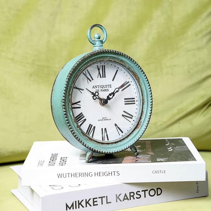 NIKKY HOME Antique Table Clock Silent Non-Ticking, Shelf Desk Top Clock Battery Operated Rustic Distressed Design, Shabby Chic Home Decor for Fireplace Mantel, Desktop, Countertop- Green
