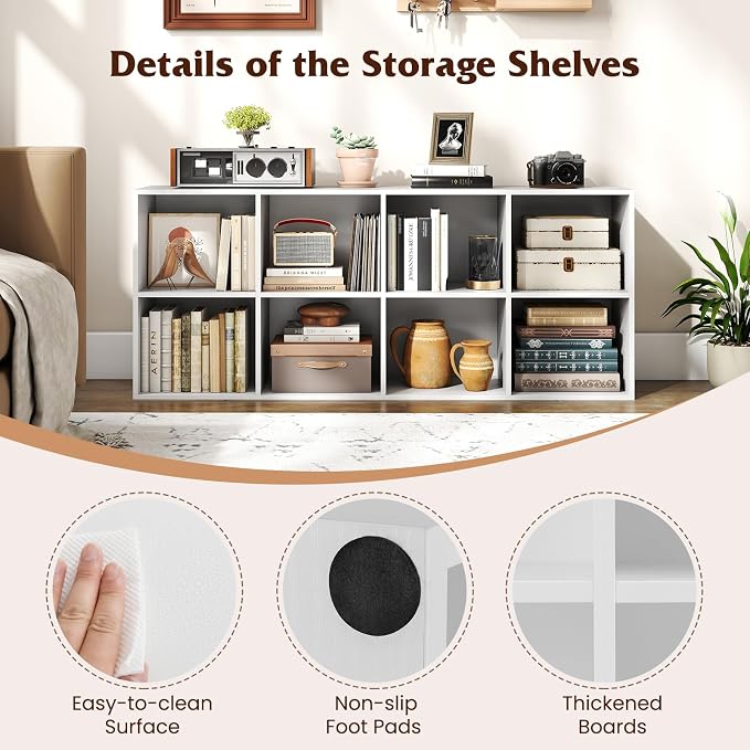 Tangkula 8-Cube Bookcase, Large Floor Standing Horizontal Bookshelf with 8 Open Shelves & 2 Anti-Tipping Kits, Home Office Wooden Storage Book Shelf for Living Room, Study (White, 8-Cube)