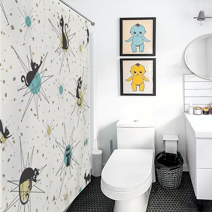 Vintage Mid Century Cats Shower Curtain Black Cat Retro Diamond Atomic 1950s 1960s Abstract Geometric Simple Waterproof Shower Curtains for Bathroom Decor 12 Pack Hooks 66x72in（168x183cm