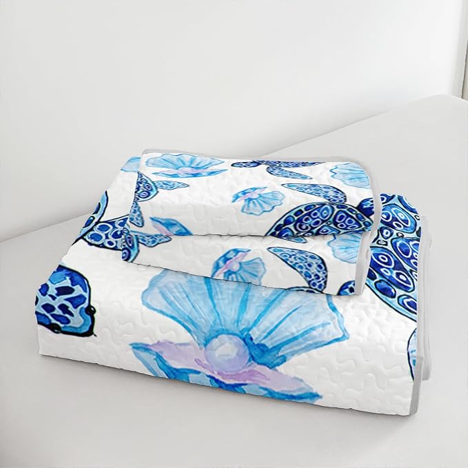 AILONEN Watercolor Sea Turtle Quilt Set Full Size,Beautiful Pearl Shells Bedspread Coverlet - Soft Lightweight 3Pcs - Sea Creatures Print Quilt,2 Pillowcases
