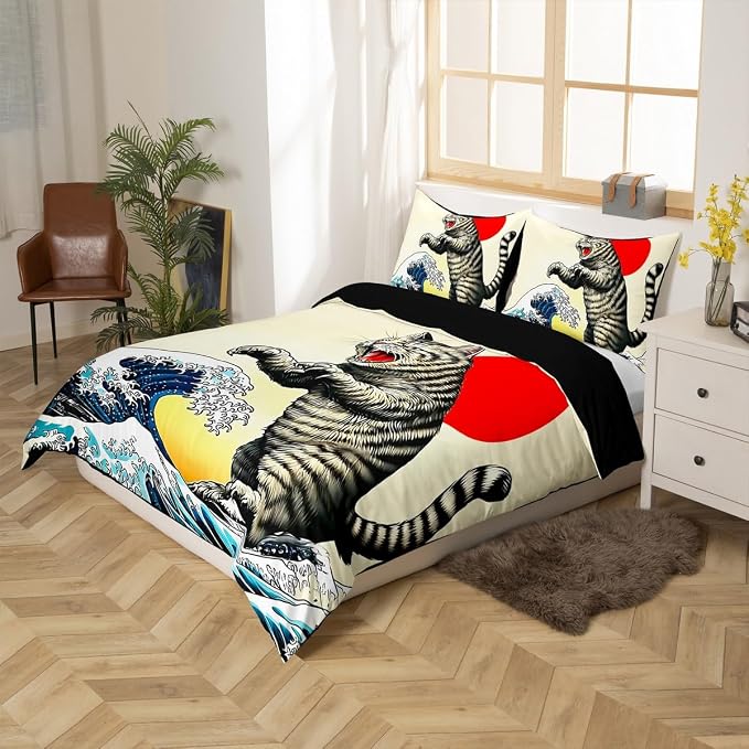 Erosebridal Funny Japanese Cat Duvet Cover King Japanese Ukiyo-E Cat Bedding Set Kawaii Animal Comforter Cover for Kids Girls Boys Adults Sunset Ocean Sea Waves Bed Set