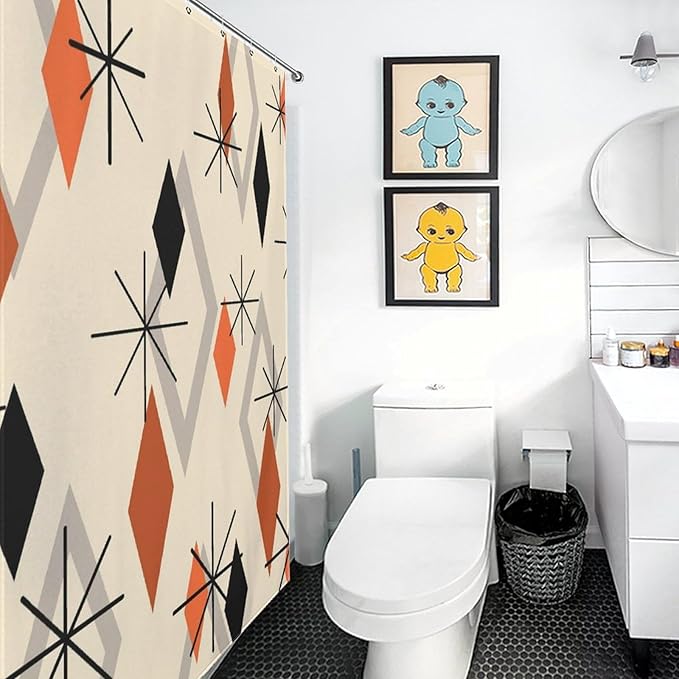Geometric Modern Shower Curtain for Bathroom, Orange Mid Century Atomic Abstract Pattern 1950s 1960s Retro Vintage Style Waterproof Fabric Shower Curtain Set with Hooks, 72"x72" Inch