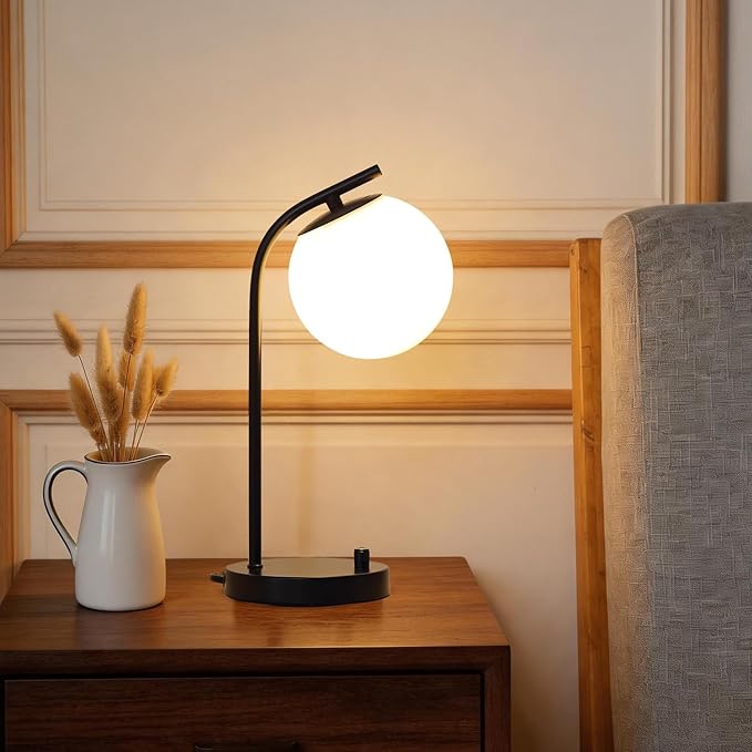 Black Globe Dimmable Table Lamp Minimalist Nightstand Lamps Mid Century Modern Desk Lamp with Milk White Glass Shade Metal Base for Dorm, Living Room Bedroom, Office,Kids Room (Tall-Black)