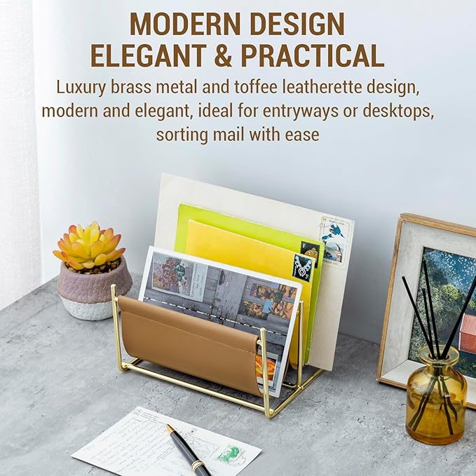 MyGift 2 Slot Modern Mail Holder, Deluxe Brass Tone Metal and Toffee Brown Leatherette Sling Entryway or Desktop Tabletop Letter Sorter