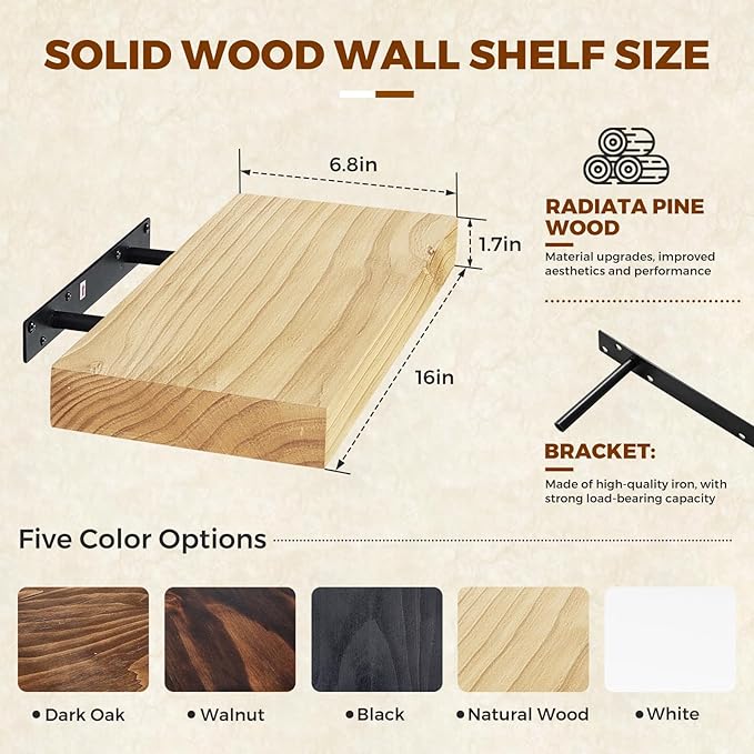 Floating Wall Shelf 16x6.8x1.7 Inch – Solid Wood Shelf in Natural Wood Finish – Wall Mounted Rustic Display Organizer for Bathroom, Kitchen, Bedroom, Small Spaces – Set of 3