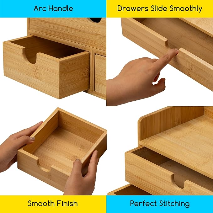 MEEDEN Bamboo Desk Organizer with Drawers: Desktop Storage Container with Shelf - Tabletop Storage Organization Box for Office Home Toiletries Supplies