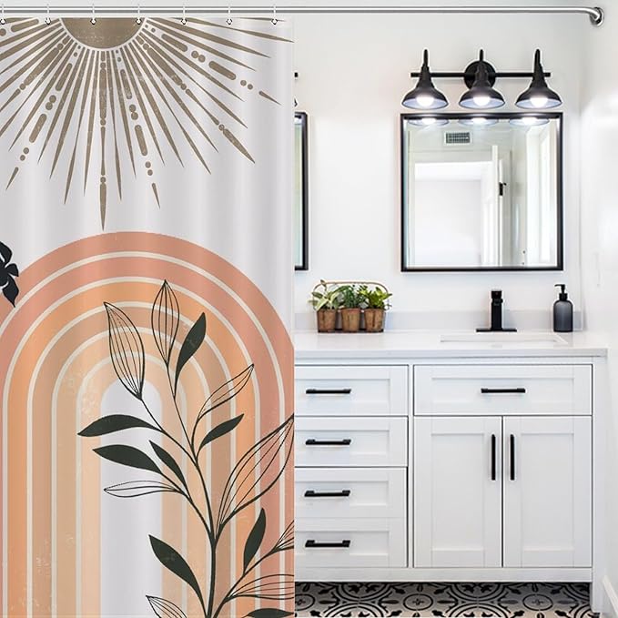Mid Century Abstract Boho Shower Curtains Geometric Leaf Sun Minimalist Modern Cafe Washable Waterproof Fabric for Bathroom Decor Bathtub with 12 Hooks 72x72in (183x183cm)