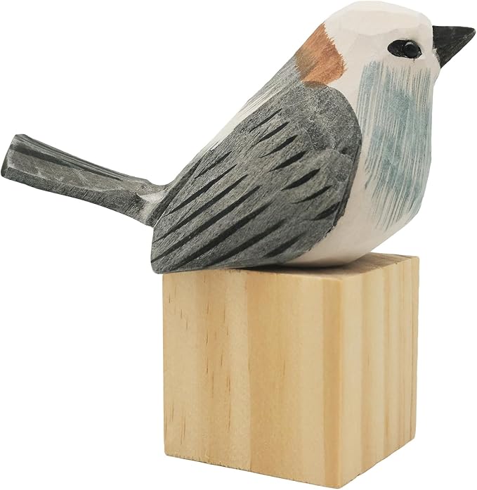 DIYOMR Bird Figurine, Hand Carved Birds Wood Décor, Art Animal Wooden Sculpted Bird with Wood Block, Vivid Bird Statue for Gift Home Table Ornament Decor (Long-Tailed Tit)